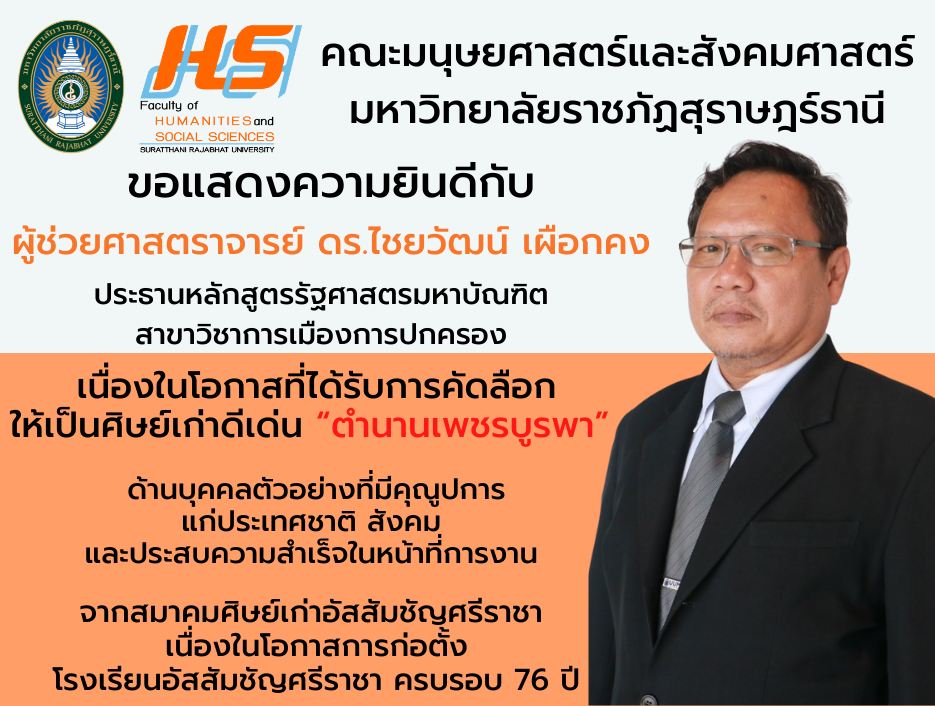 คณะมนุษยศาสตร์และสังคมศาสตร์ มหาวิทยาลัยราชภัฏสุราษฎร์ธานี​ ขอแสดงความยินดีกับ ผู้ช่วยศาสตราจารย์ ดร.ไชยวัฒน์ เผือกคง ประธานหลักสูตรรัฐศาสตรมหาบัณฑิต